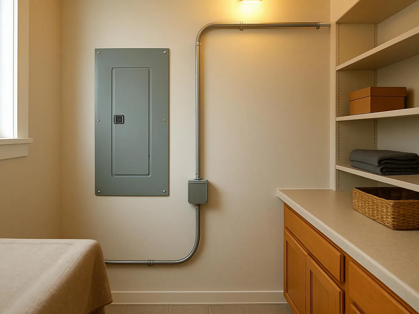 A small utility room shows an electrical panel, exposed conduit, shelves, and folded towels beside a countertop