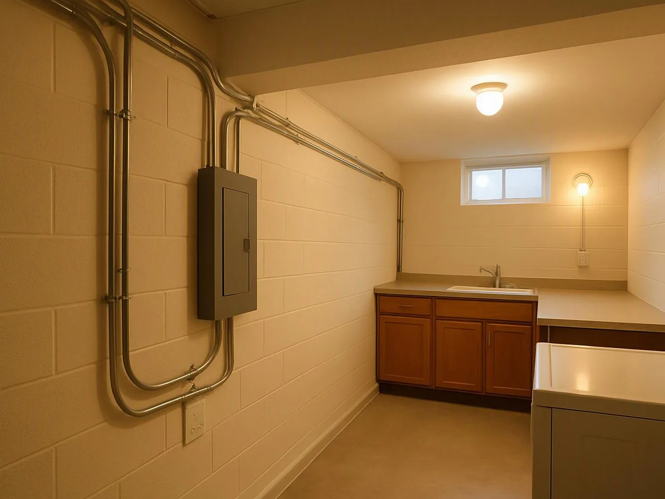 A small utility room shows exposed pipes, a breaker panel, a sink, and cabinets under warm ceiling lights