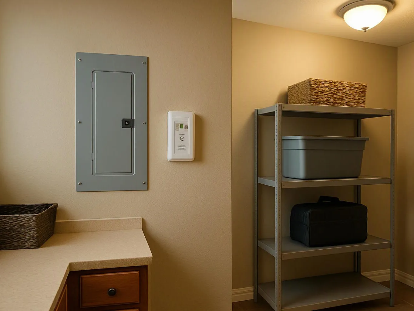 A small utility room shows a wall panel, thermostat, countertop, and metal shelving with storage bins and a basket