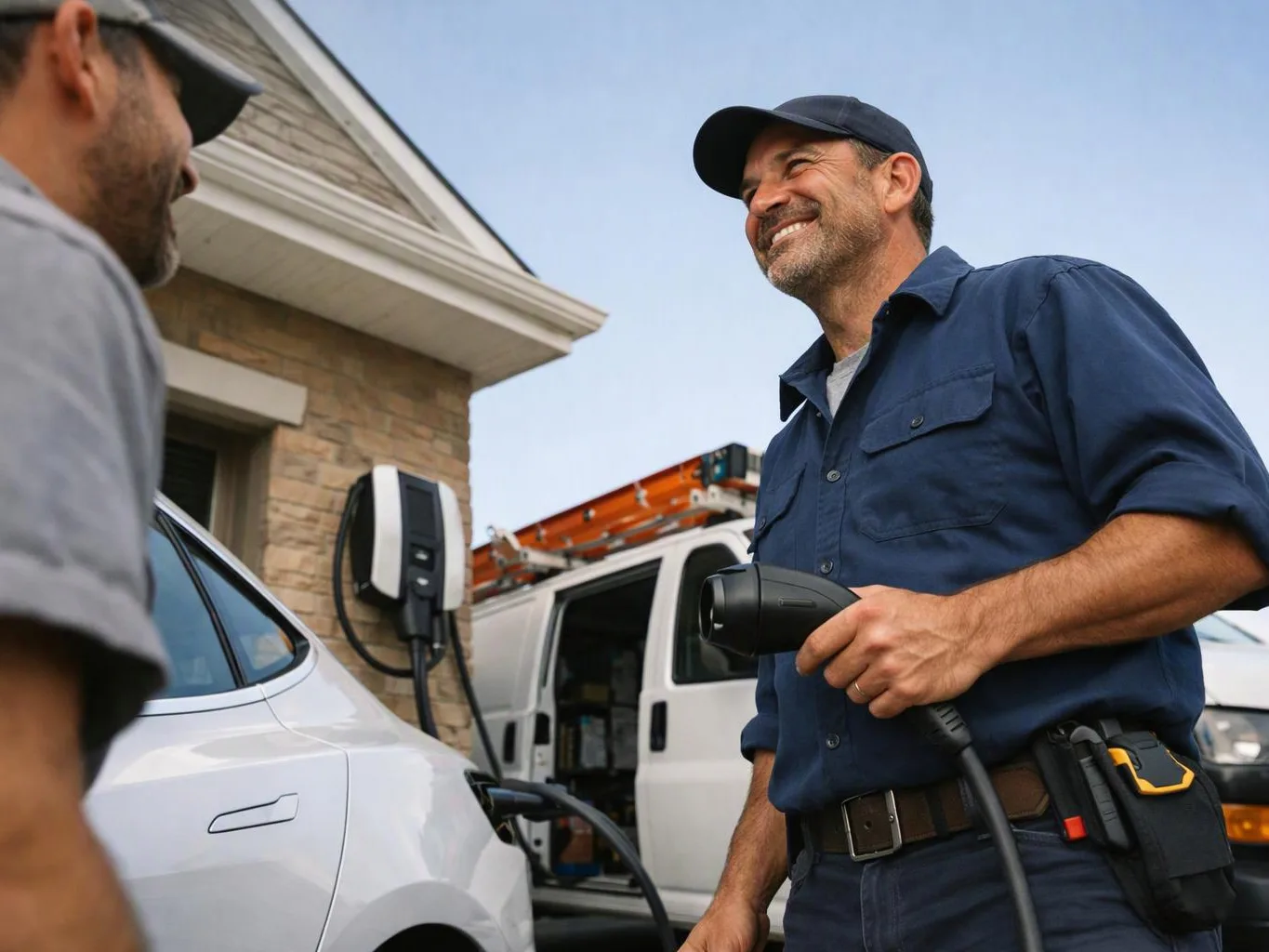 A smiling electrician holds a charger near a white car beside a house and utility van