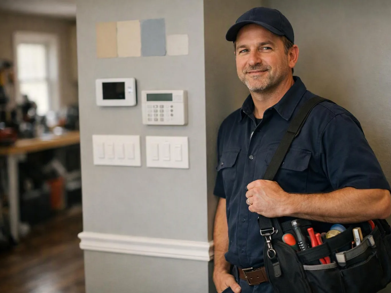 A smiling handyman in a navy uniform stands beside a wall with thermostats and light switches, holding a tool bag