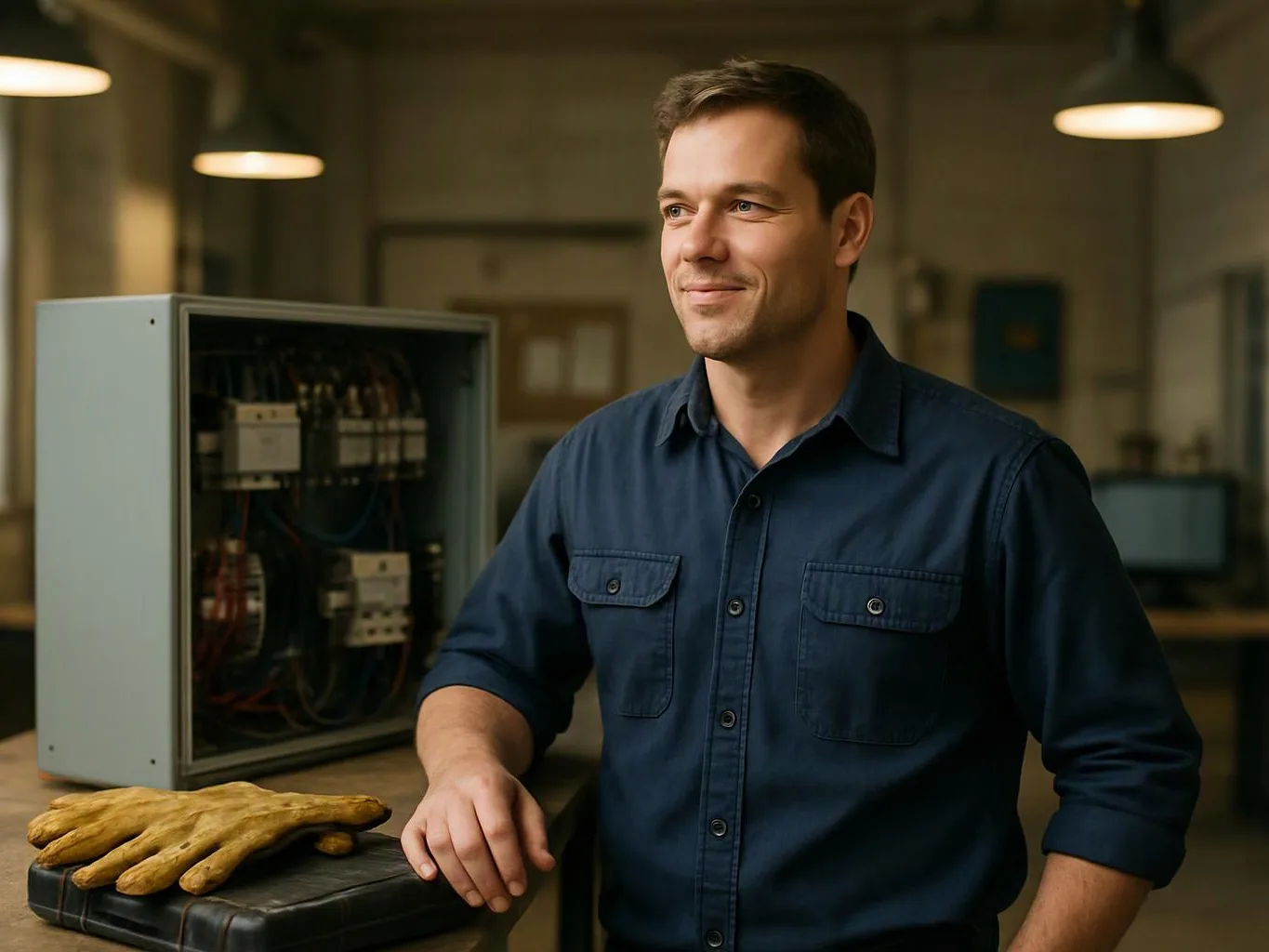 A smiling man in a blue shirt stands beside an open electrical panel, with work gloves on a bench in a workshop
