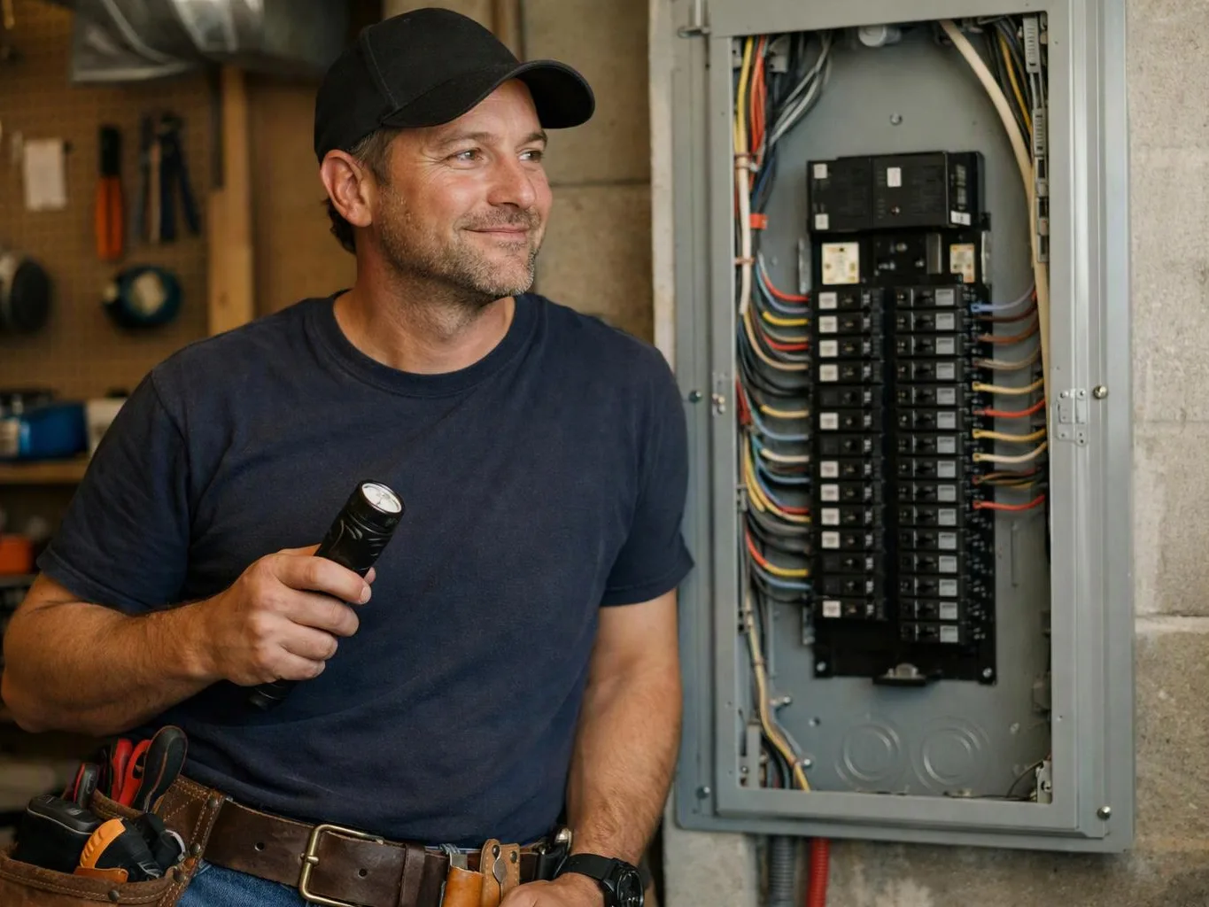 A smiling man in a cap holds a flashlight beside an open electrical breaker panel in a workshop
