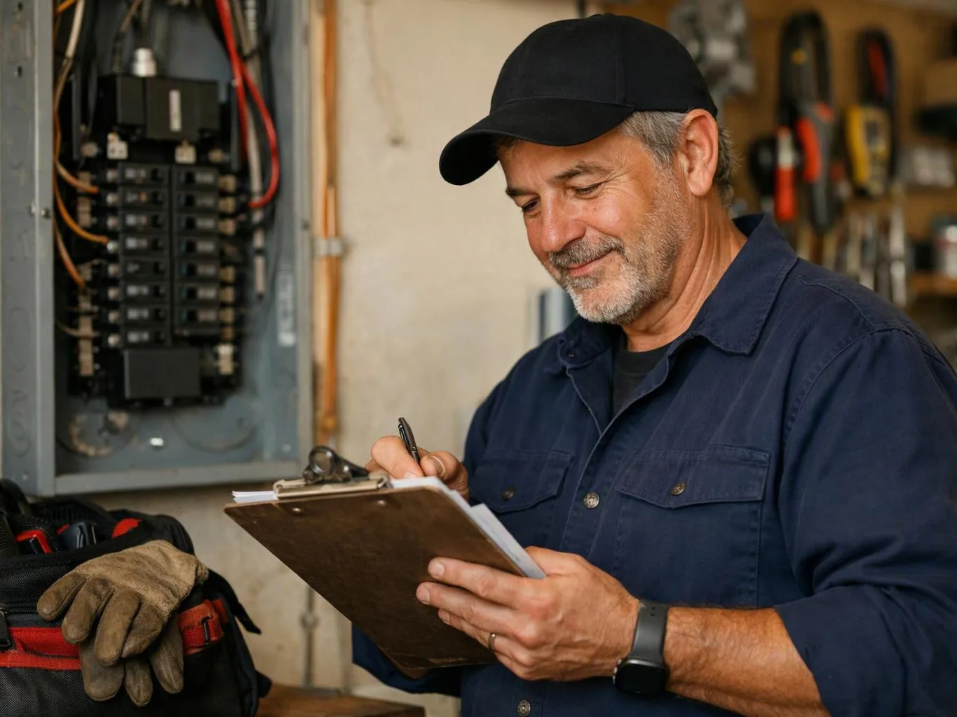 A smiling man in a cap writes on a clipboard beside an open electrical panel in a workshop
