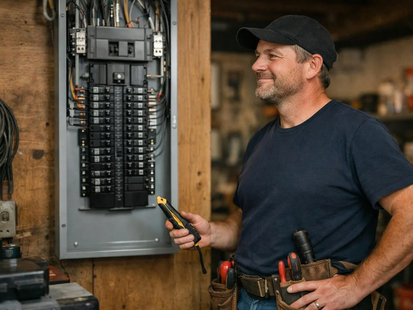 A smiling man holds a voltage tester beside an open electrical breaker panel in a workshop