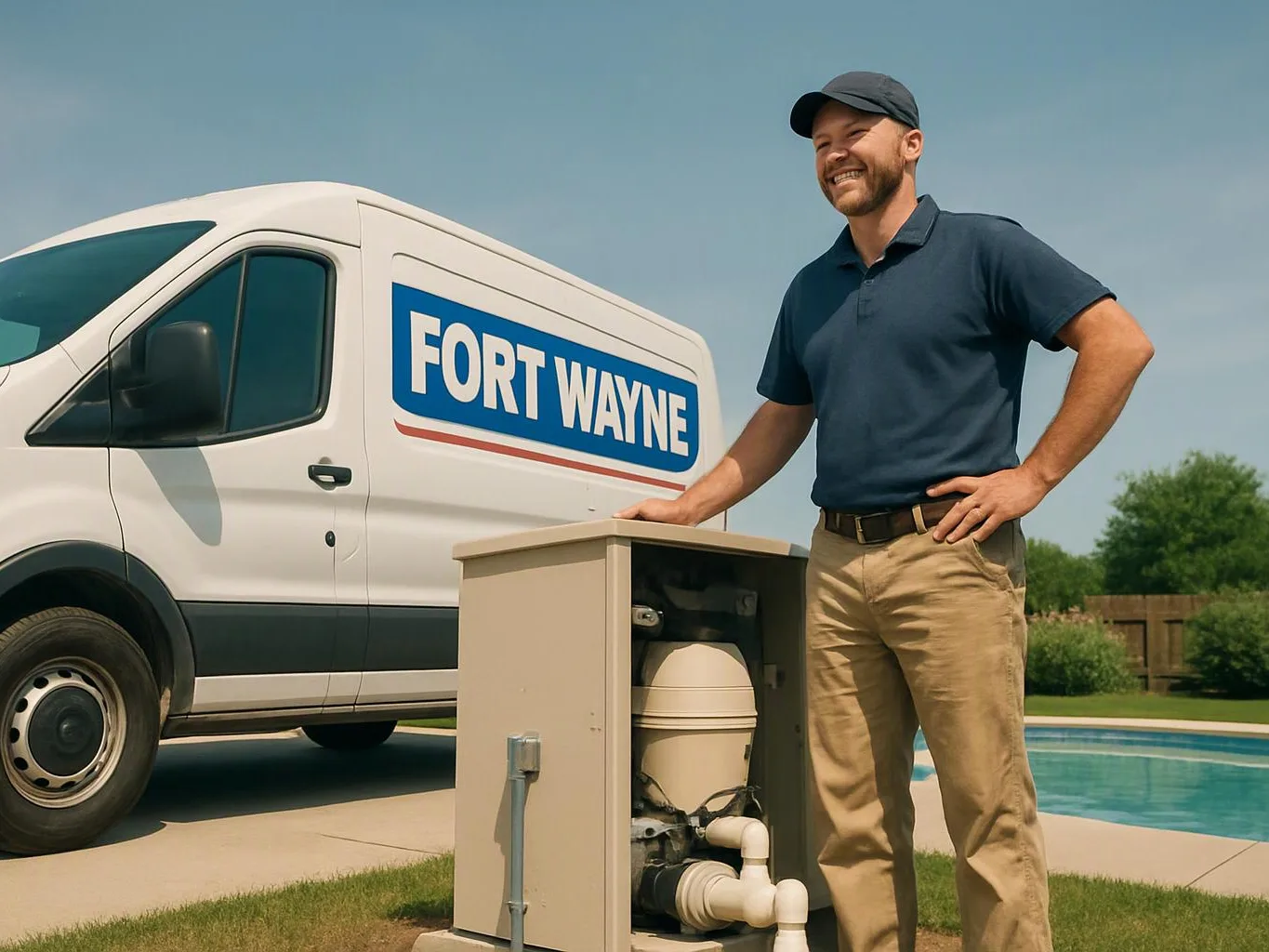 A smiling man stands beside an open pool pump cabinet and a white service van under a clear sky