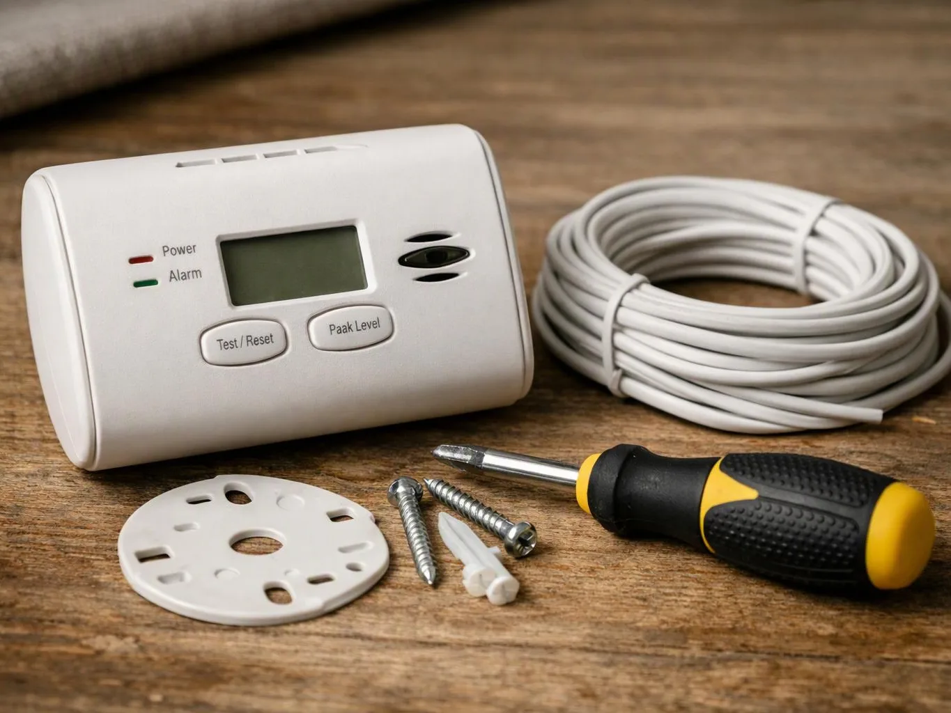A smoke alarm kit sits on a wooden surface with a coiled wire, screws, wall plate, and screwdriver
