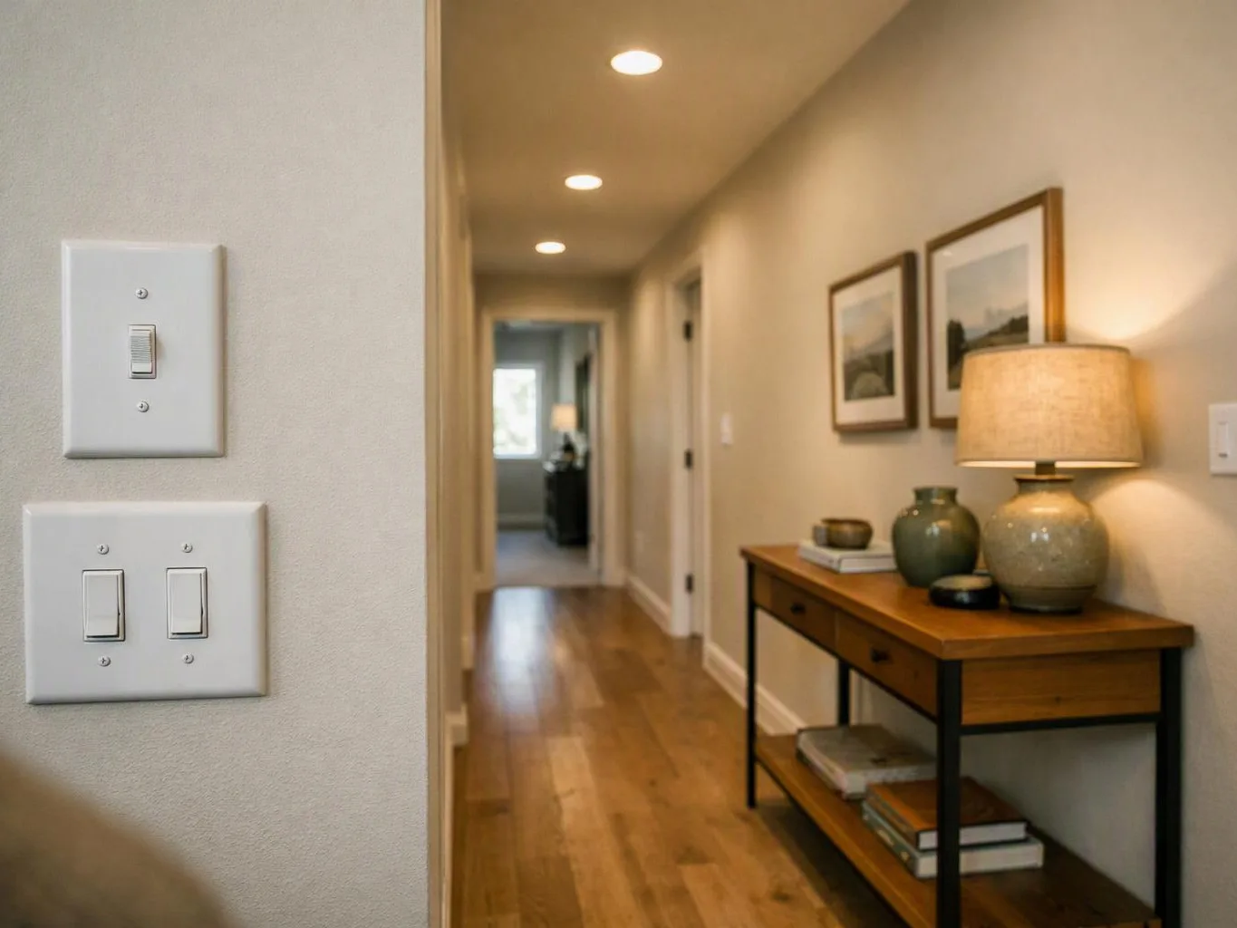 A softly lit hallway shows wall switches, framed art, a console table, and a lamp on the right
