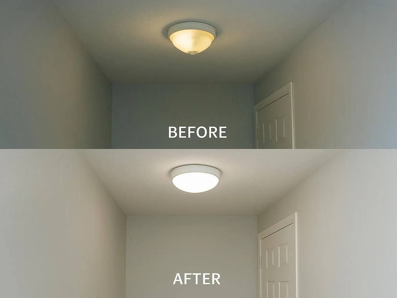 A split before-and-after hallway shows a ceiling light changed from warm dim to brighter white illumination
