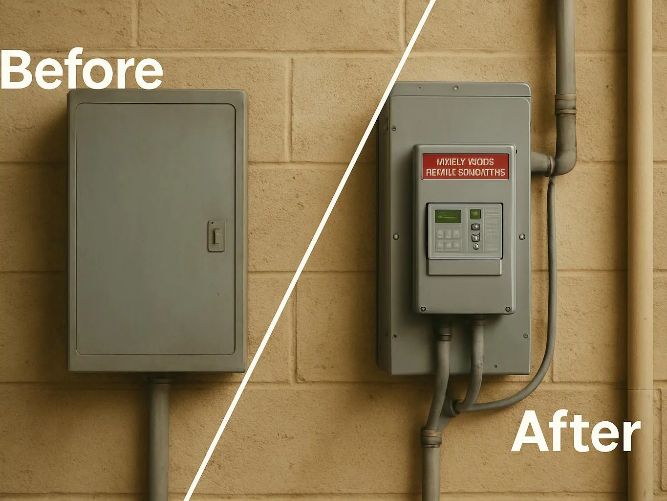 A split before-and-after image shows gray wall-mounted electrical boxes and conduit on a tan brick wall