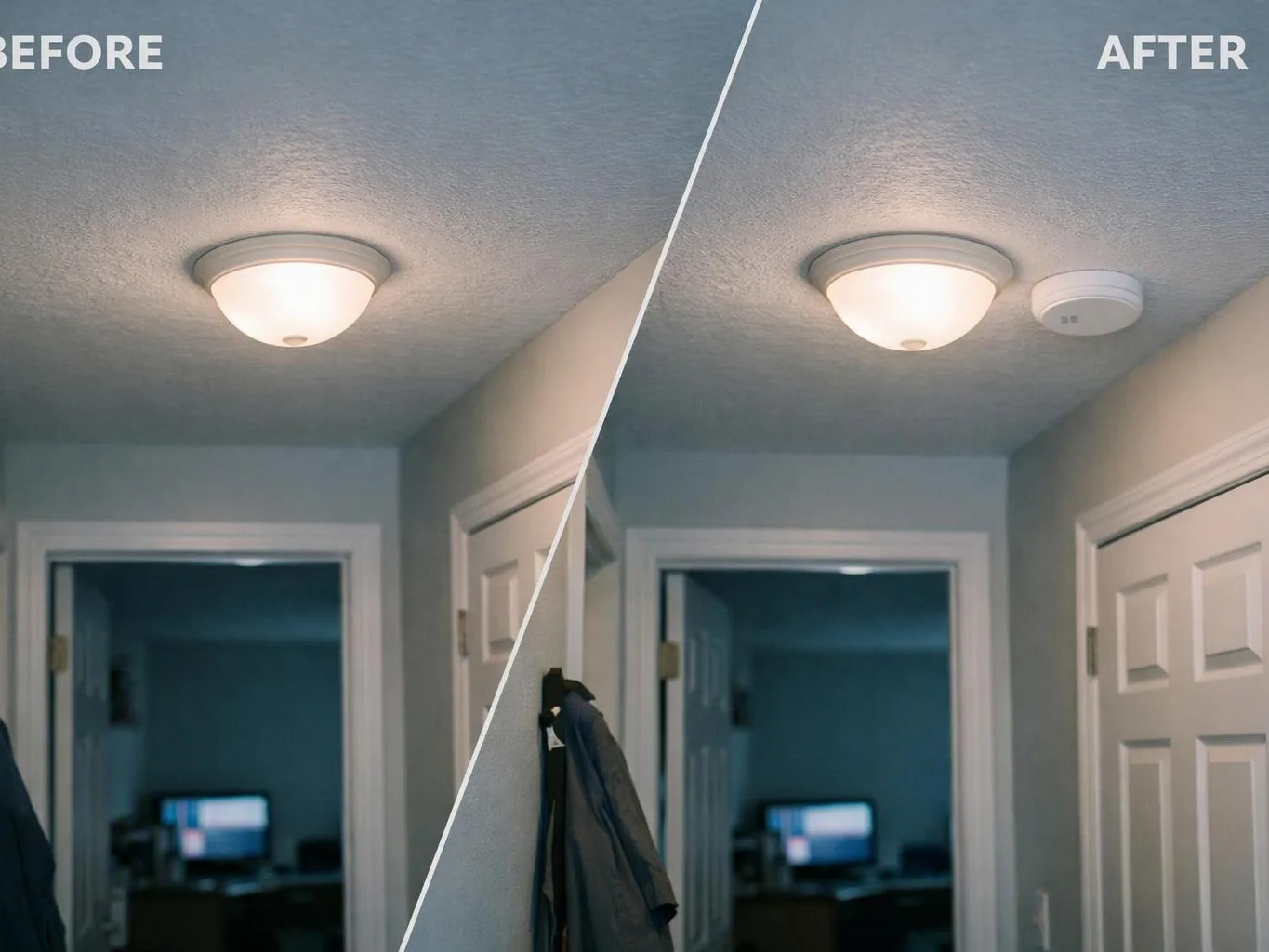 Split before-and-after view of a hallway ceiling light, with a smoke detector added on the right side
