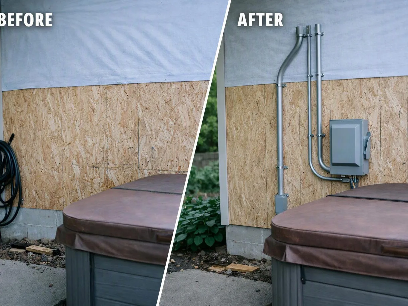 Split before-and-after view shows an outdoor wall with a hot tub, hose, and added electrical conduit and box