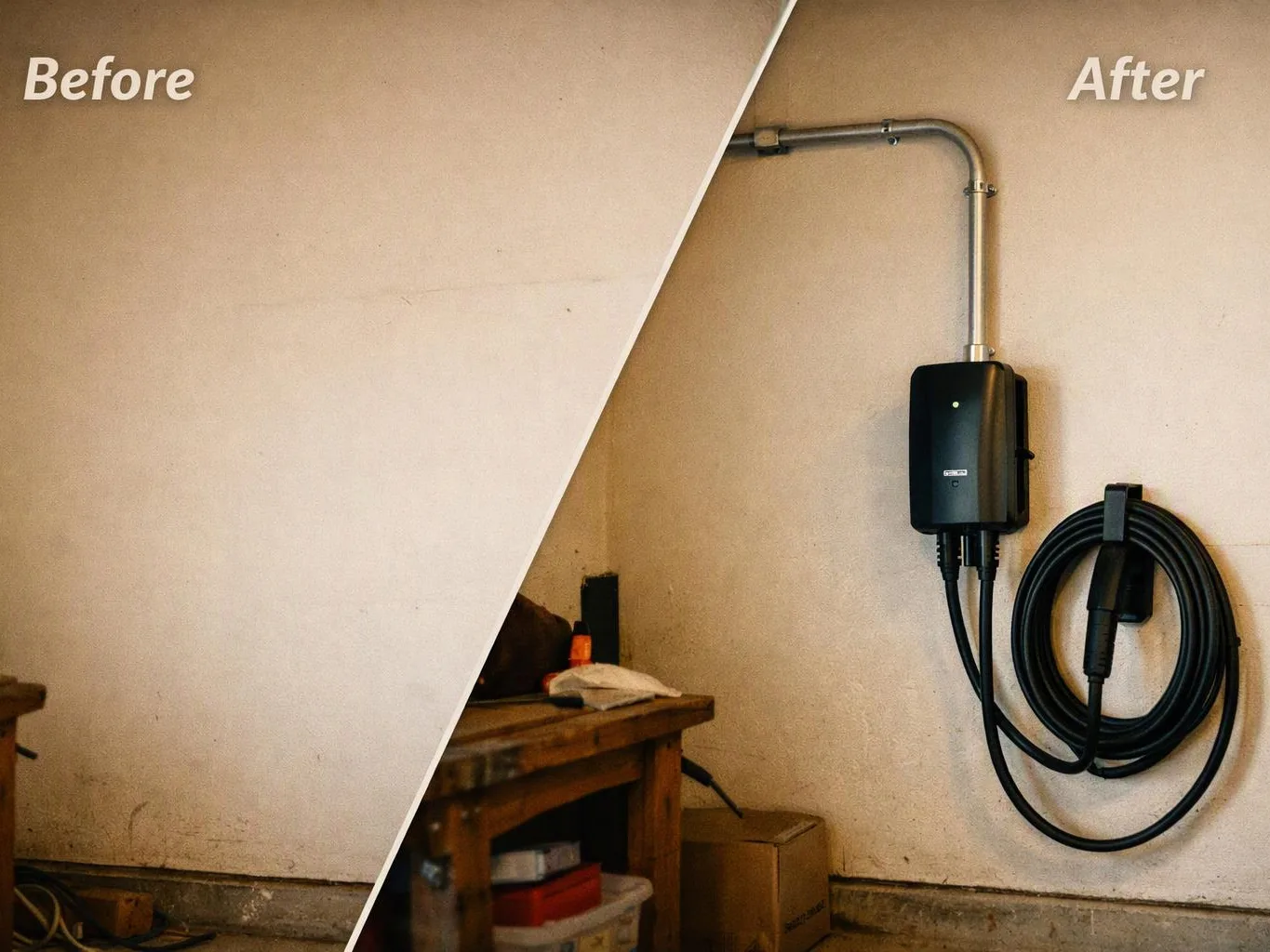 Split before-and-after wall shows a plain corner on the left and a wall-mounted charging unit with coiled cable on the right