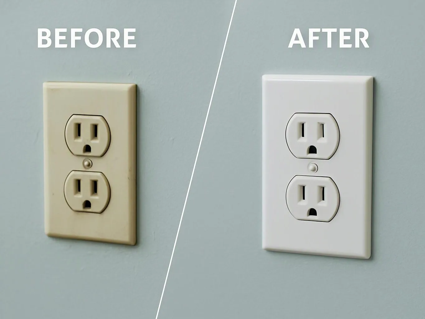 Split image showing a beige outlet plate before and a white outlet plate after on a light blue wall