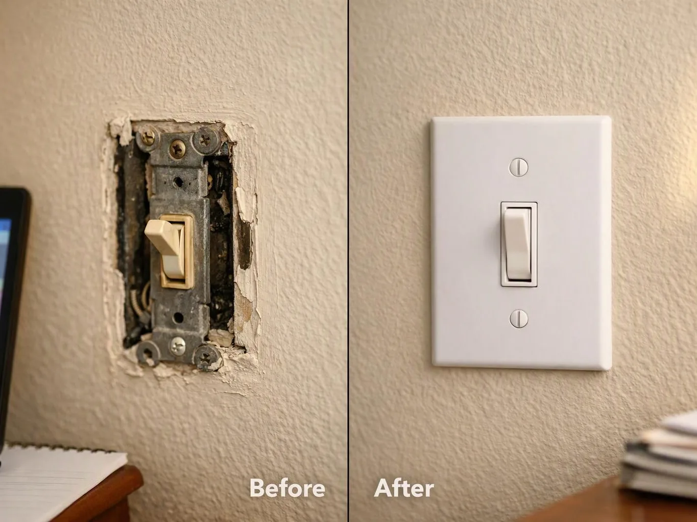 Split image showing a damaged wall switch before and a clean white switch plate after