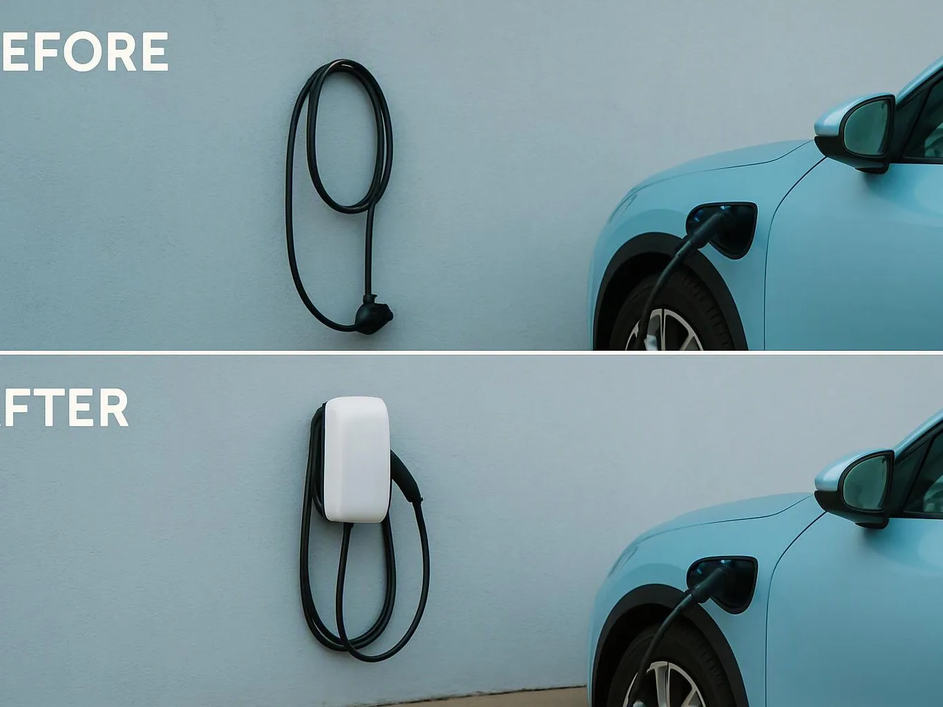 Split image shows a blue car plugged into a wall charger before and after installation with a white charging unit