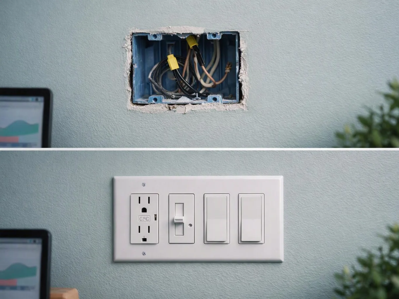 A split image shows exposed wiring in a wall box above a finished light switch and outlet panel