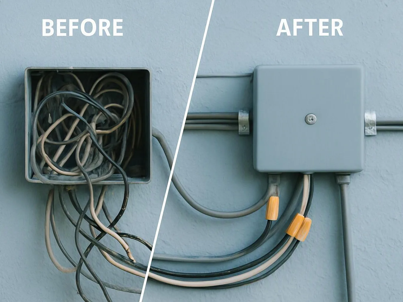 Split image shows a messy wall electrical box before and a neat covered wiring box after