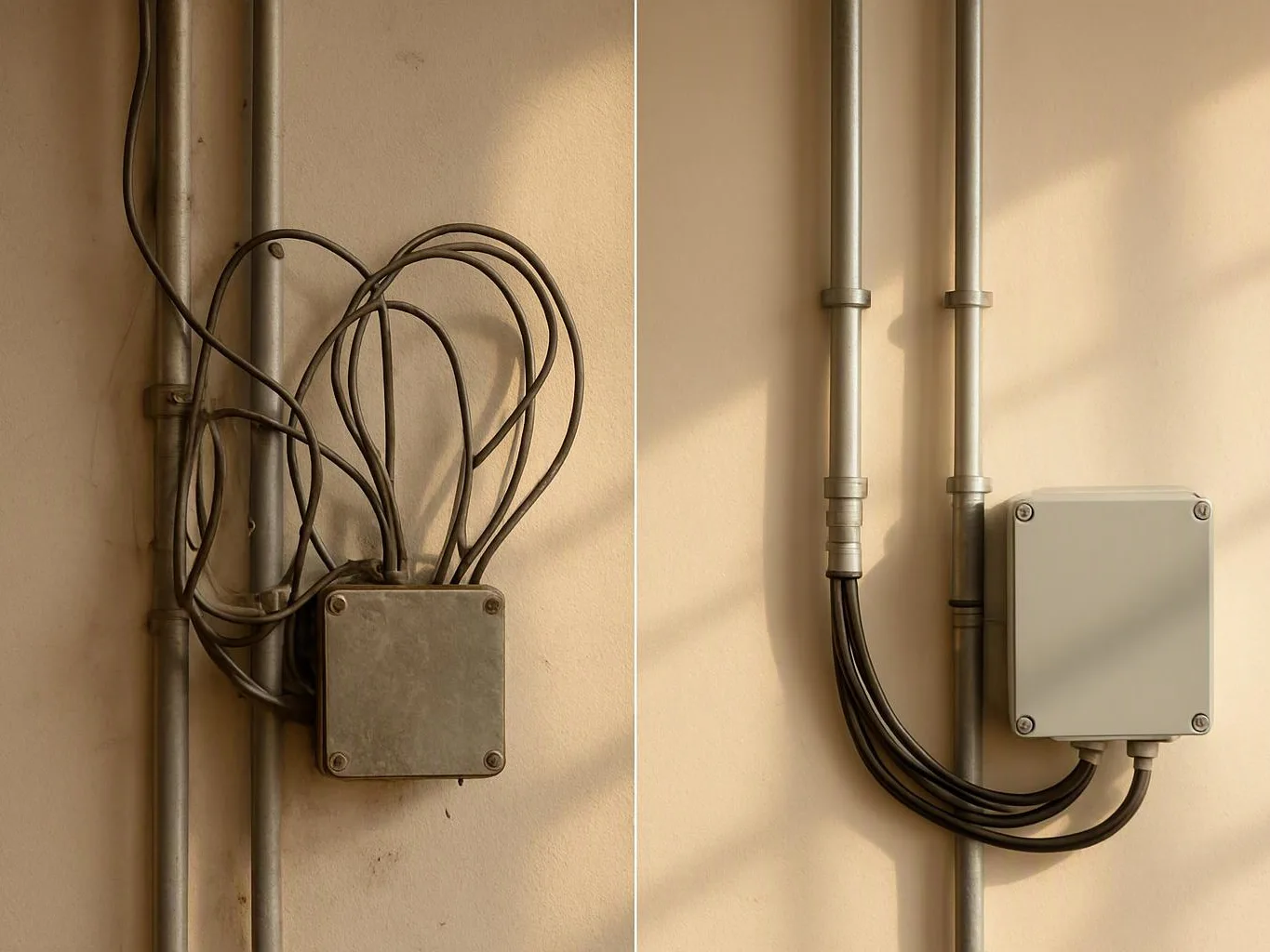 Split image shows a messy wall junction box with tangled cables and a tidier one with neatly routed conduit and wires
