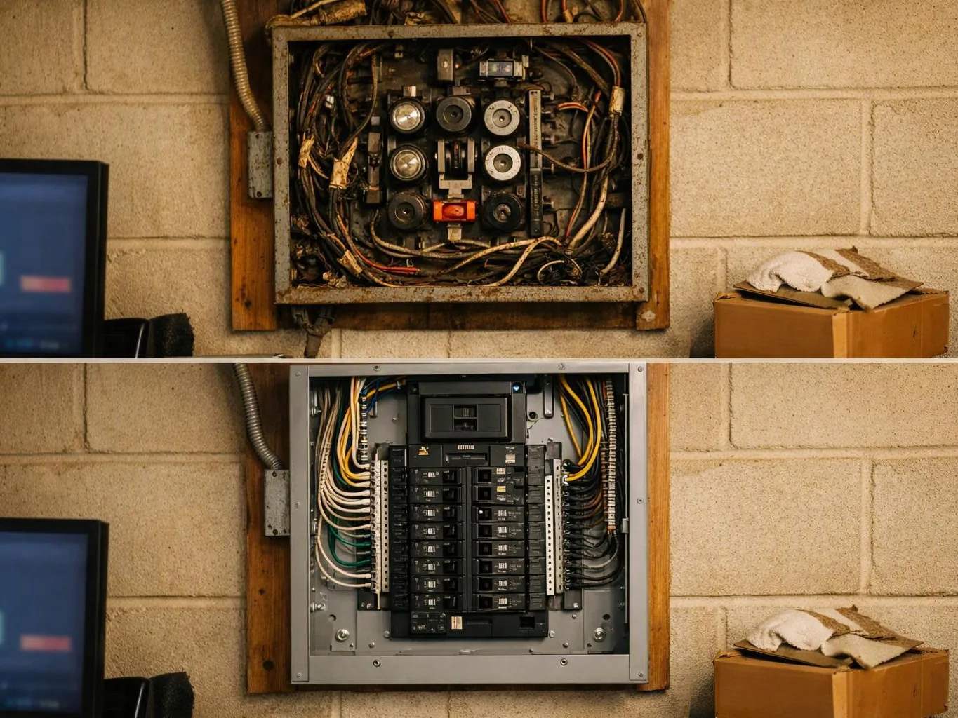 A split image shows an old tangled breaker panel above a neat new electrical panel on a cinderblock wall