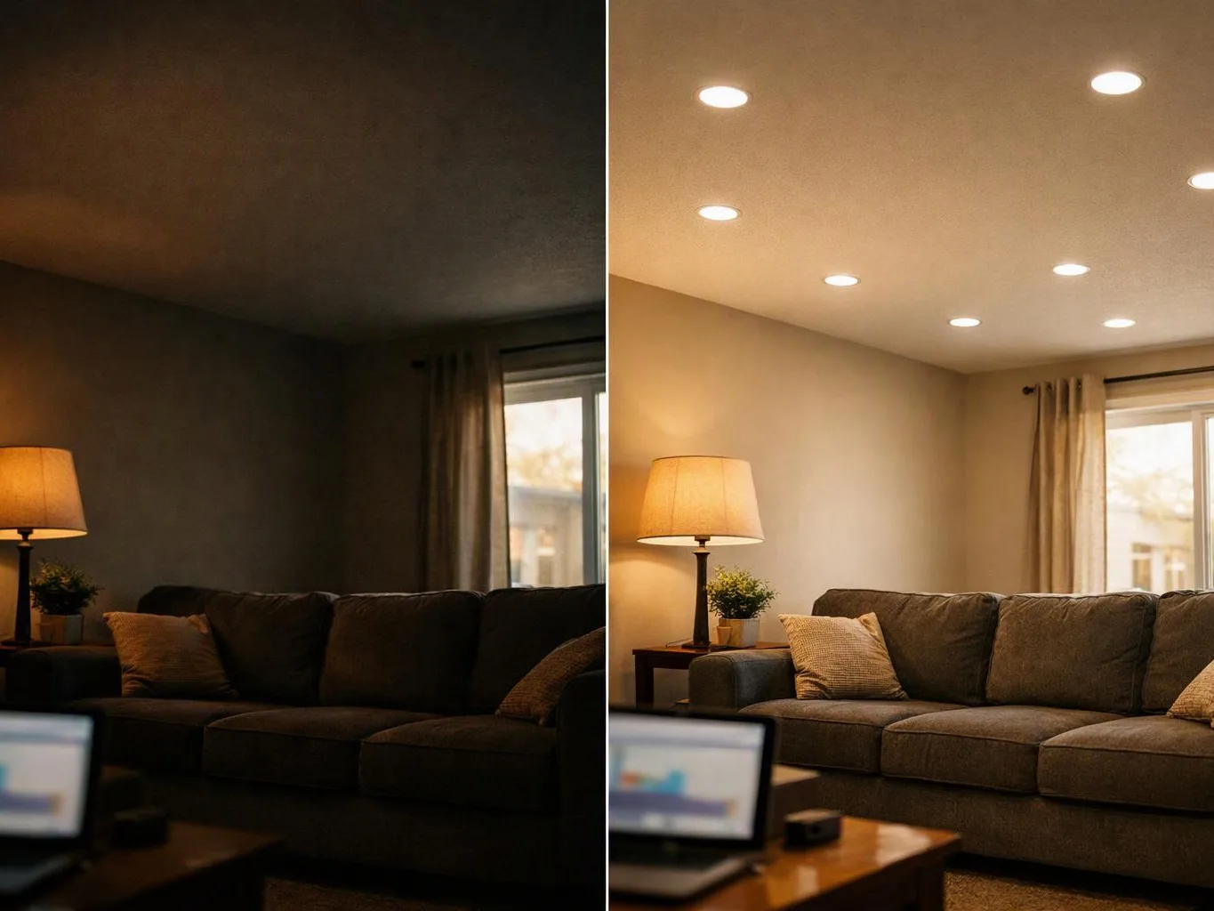 Split view of a living room, dim on the left and brightly lit on the right with a sofa, lamp, window, and ceiling lights