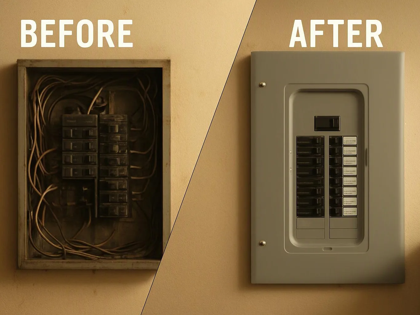 Split view shows a messy old breaker box before and a clean gray electrical panel after