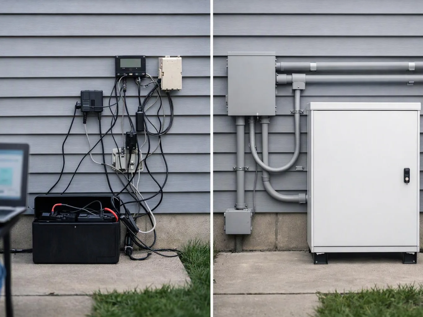 Split view of tangled outdoor cables beside a wall compared with neatly routed conduit and a white utility cabinet