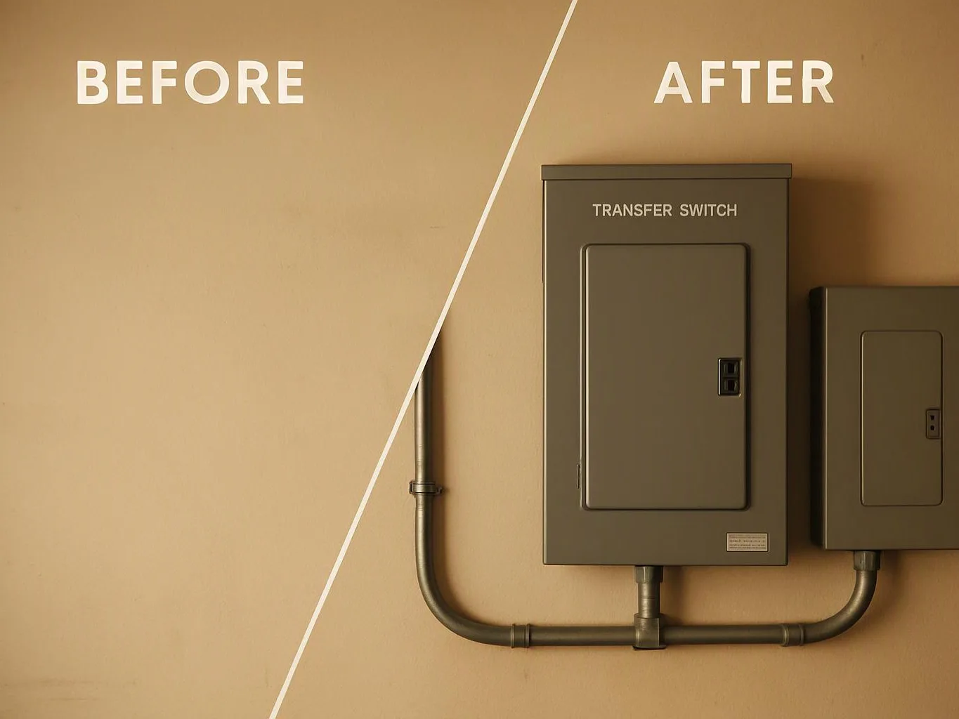 A split wall image shows a plain left side labeled before and electrical panels with conduit labeled after on the right