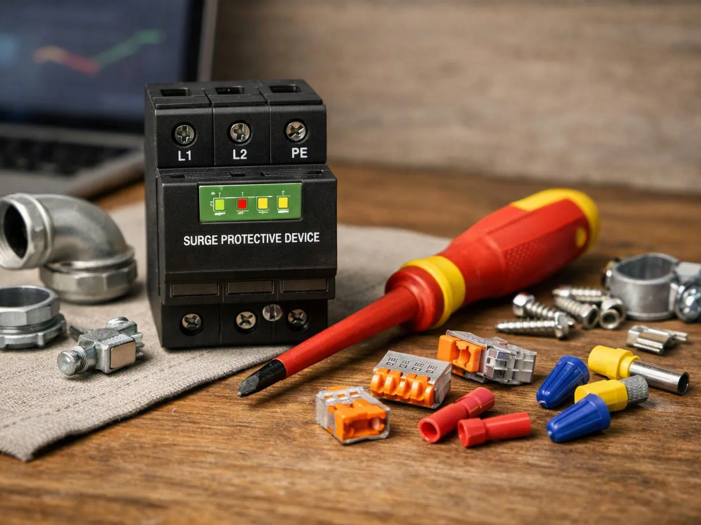 A surge protective device sits beside a screwdriver, wire connectors, screws, and metal fittings on a wooden table