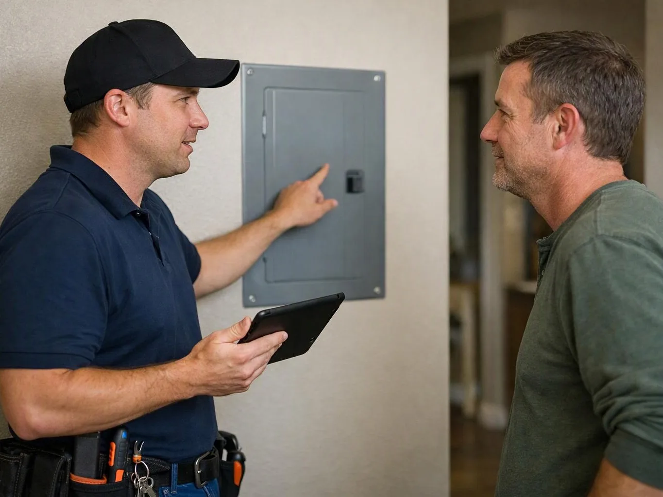 A technician in a cap points at an electrical panel while holding a tablet, talking to another man indoors