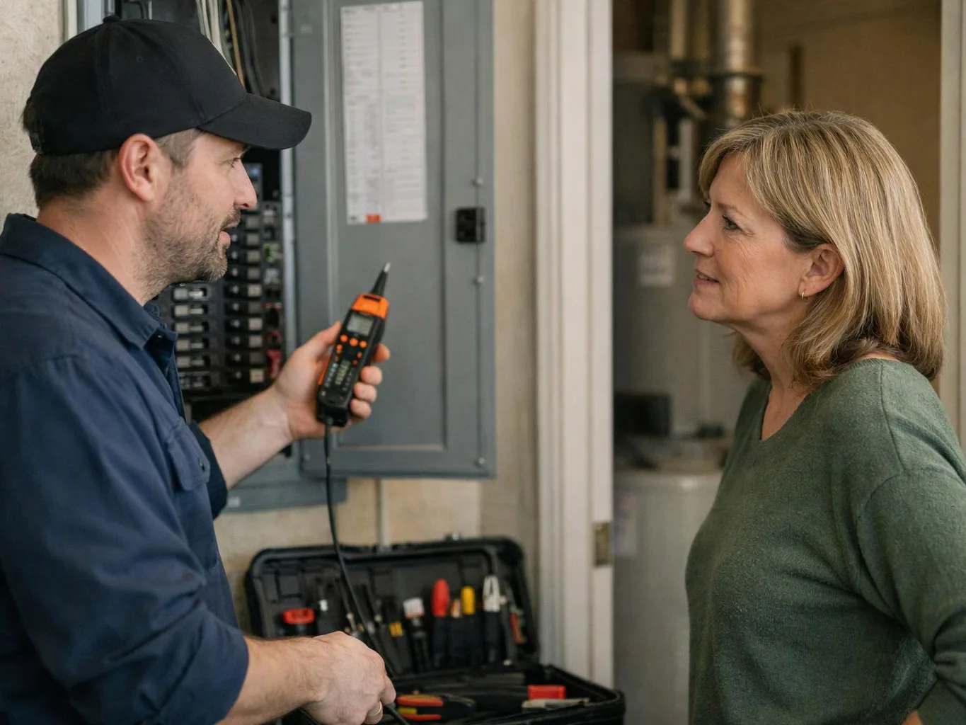 A technician holds a handheld meter while talking with a woman beside an open electrical panel in a utility room