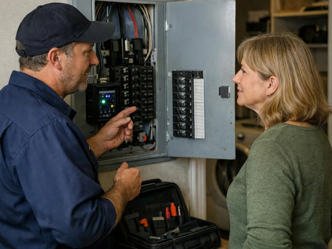 A technician points at an open electrical panel while talking to a woman in a workshop