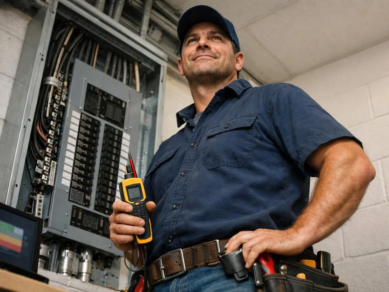 A technician stands beside an open electrical panel, holding a testing meter in a utility room