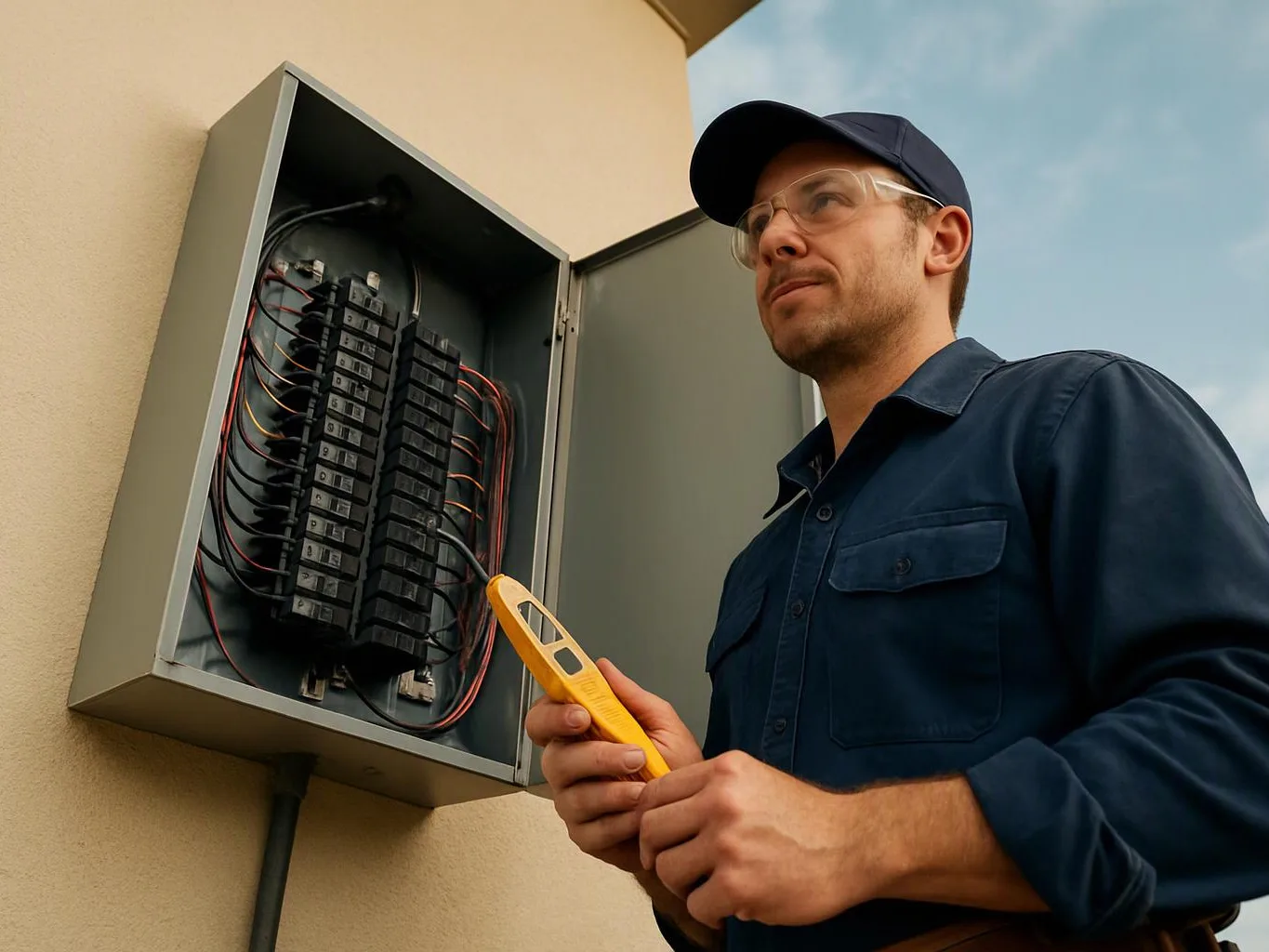 A technician stands beside an open electrical panel, holding a yellow tester under a blue sky
