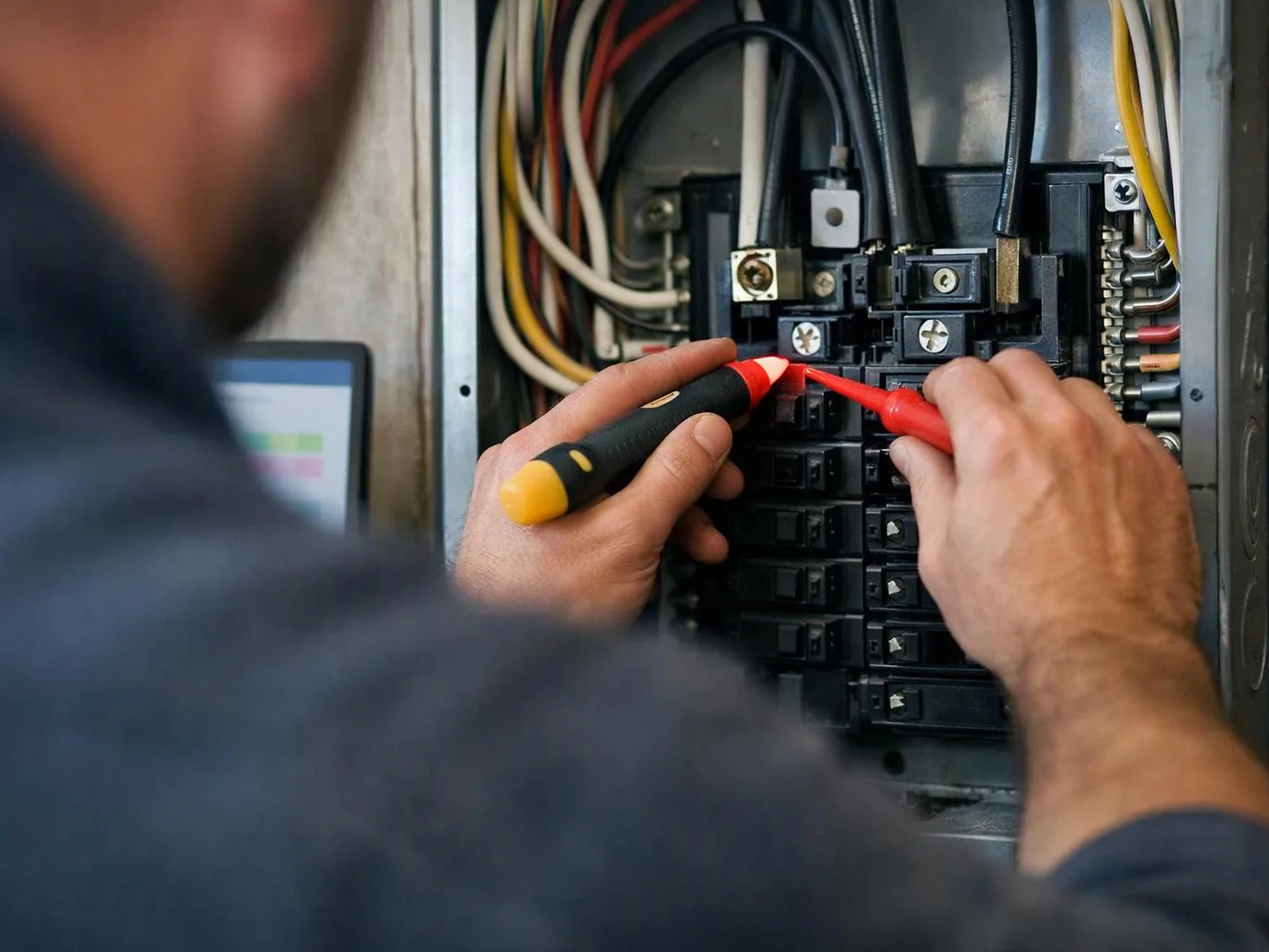 A technician tests wiring inside an open electrical panel with red and black probes