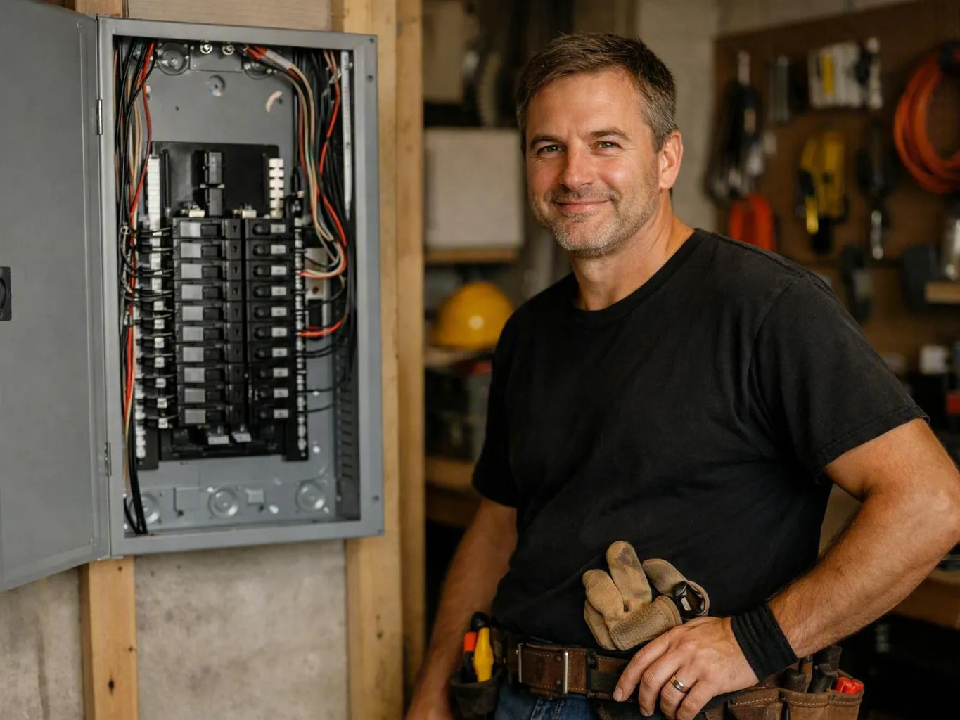 Smiling electrician stands beside an open circuit breaker panel with tools on his belt