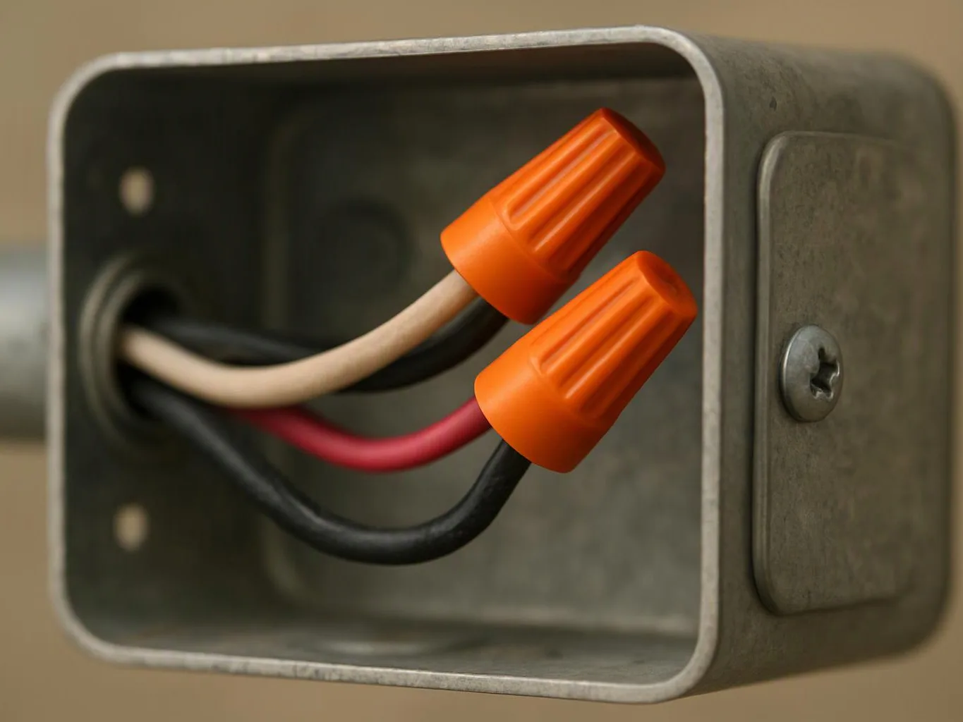 Three colored wires with orange wire nuts sit inside a metal electrical box