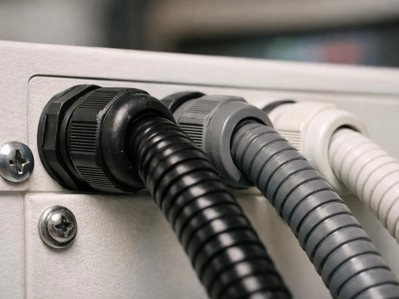 Three corrugated cables plug into a light gray metal panel beside two screws