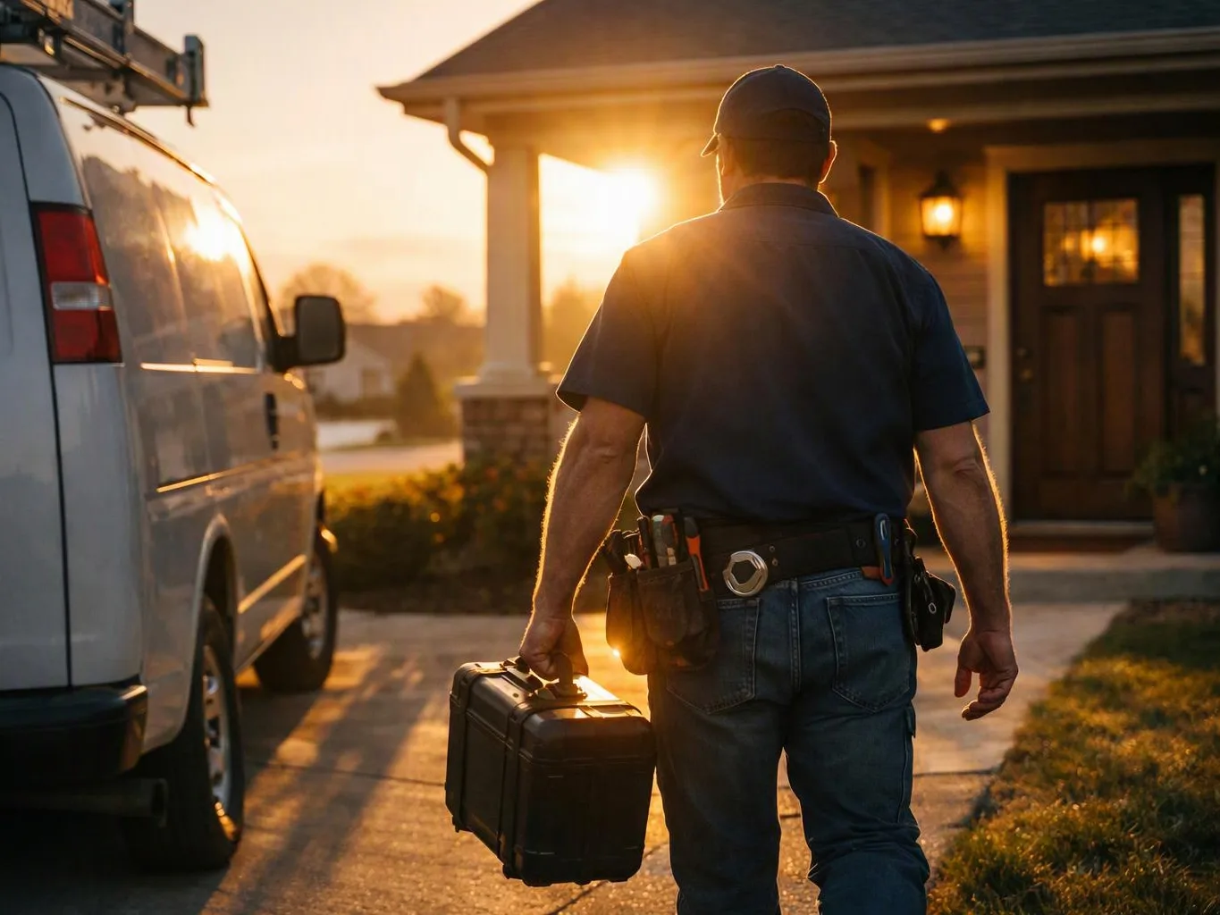 A tradesman walks toward a house at sunset, carrying a black toolbox beside a white work van