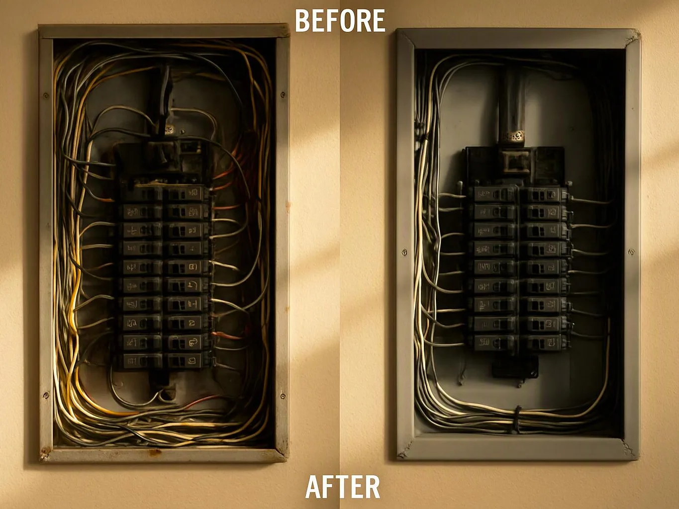 Two electrical breaker panels are shown side by side, with the left messier and the right neatly wired