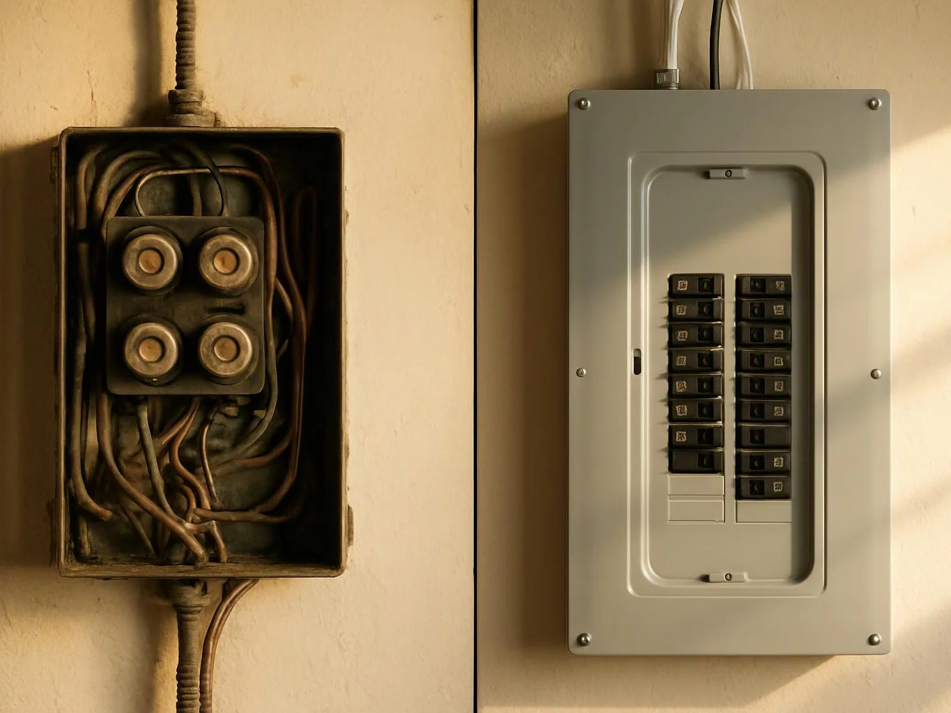 Two electrical breaker panels hang on a beige wall, one old and open, one modern and closed