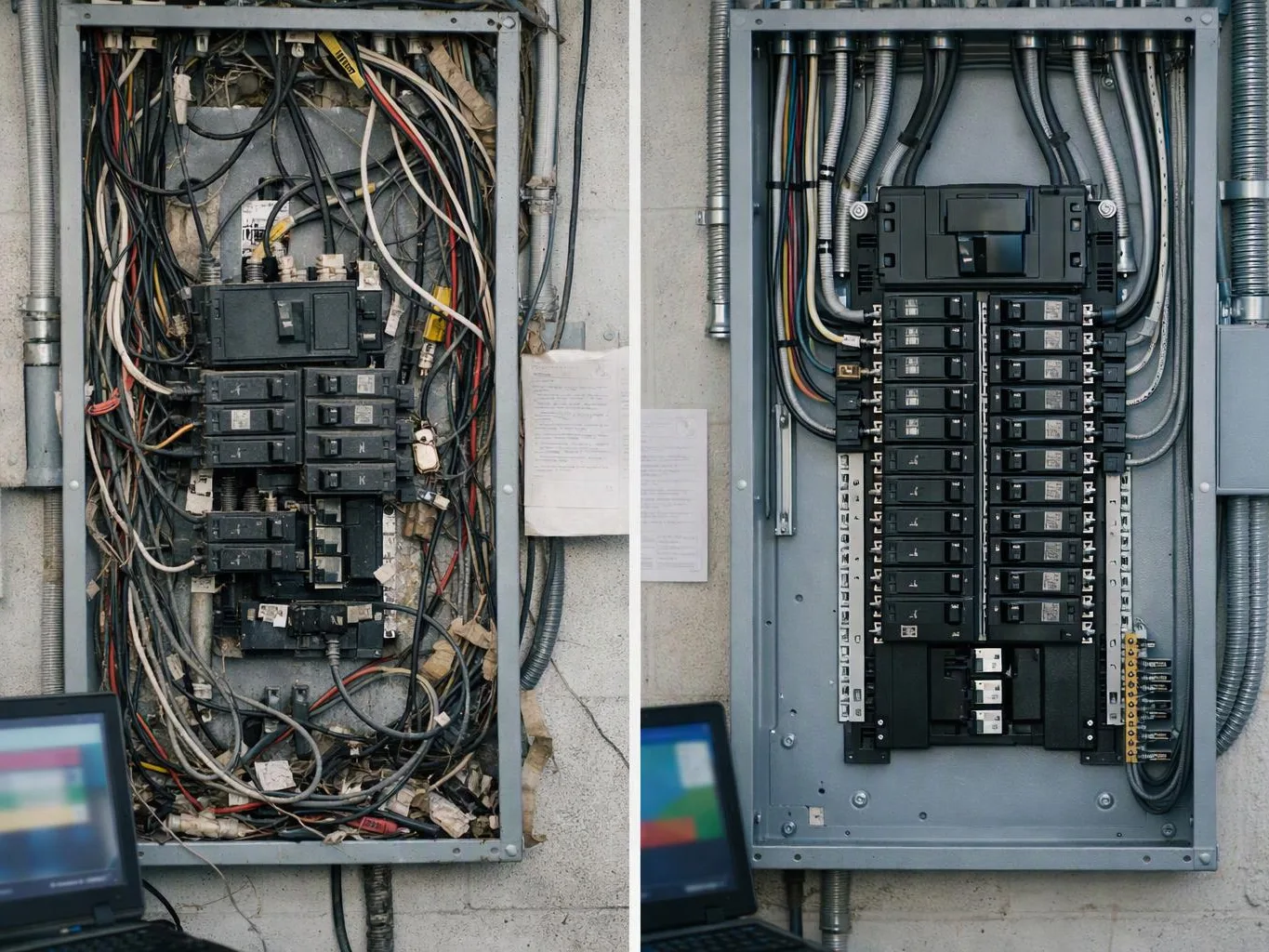 Two electrical breaker panels sit side by side, one tangled with wires and one neatly organized on a wall