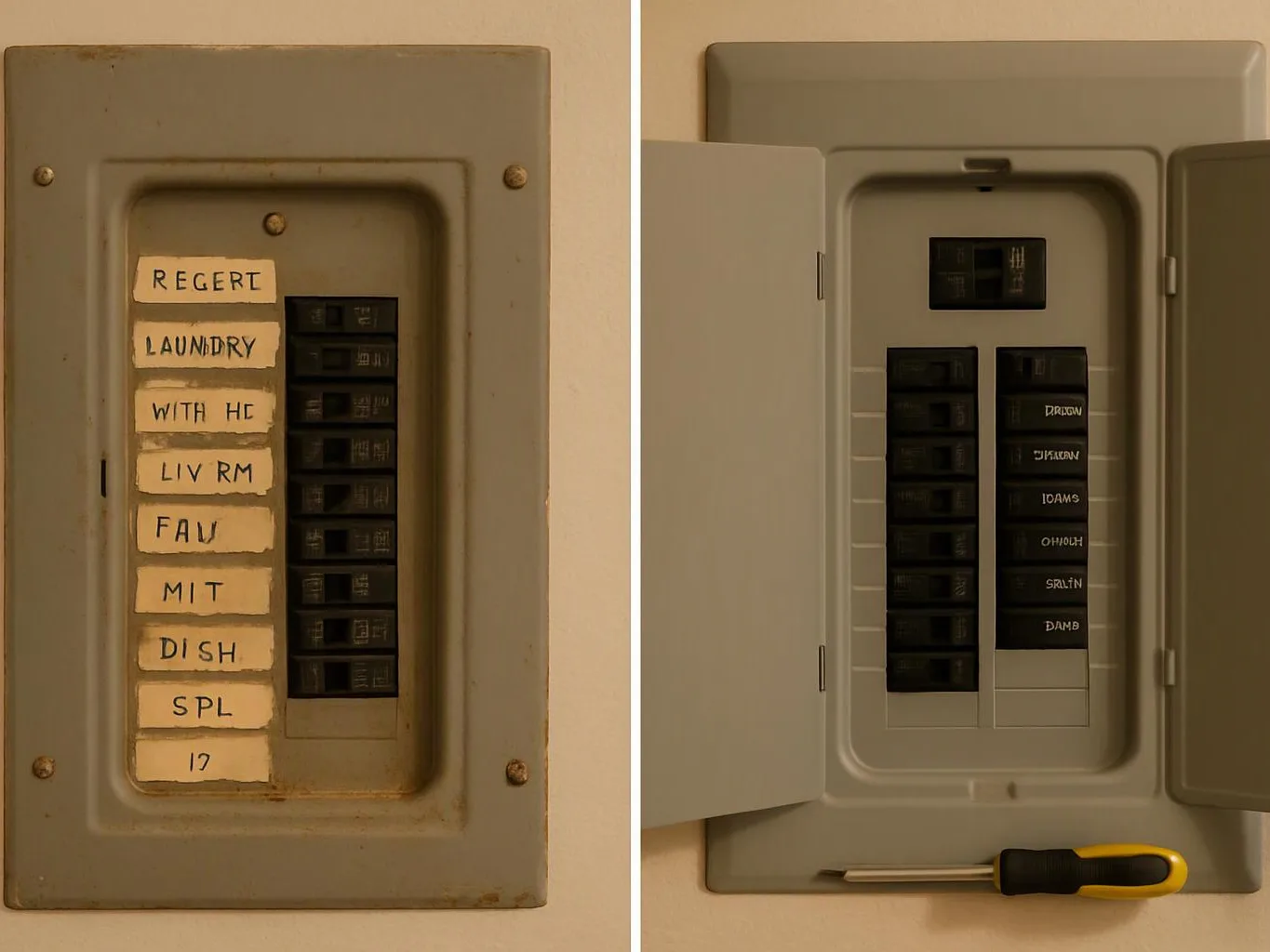 Two electrical breaker panels sit on a wall, one labeled with handwritten tape and one open with a screwdriver below