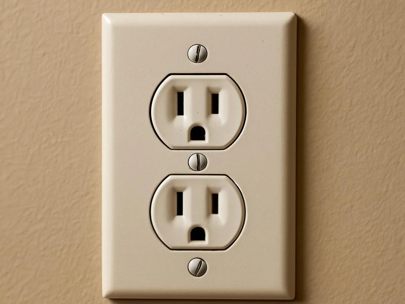 Two electrical outlets on a beige wall plate sit against a tan textured wall