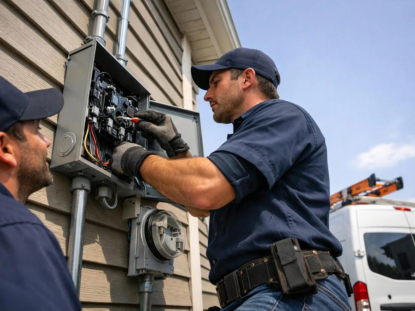Two electricians work on an open outdoor breaker box beside a house under a clear sky