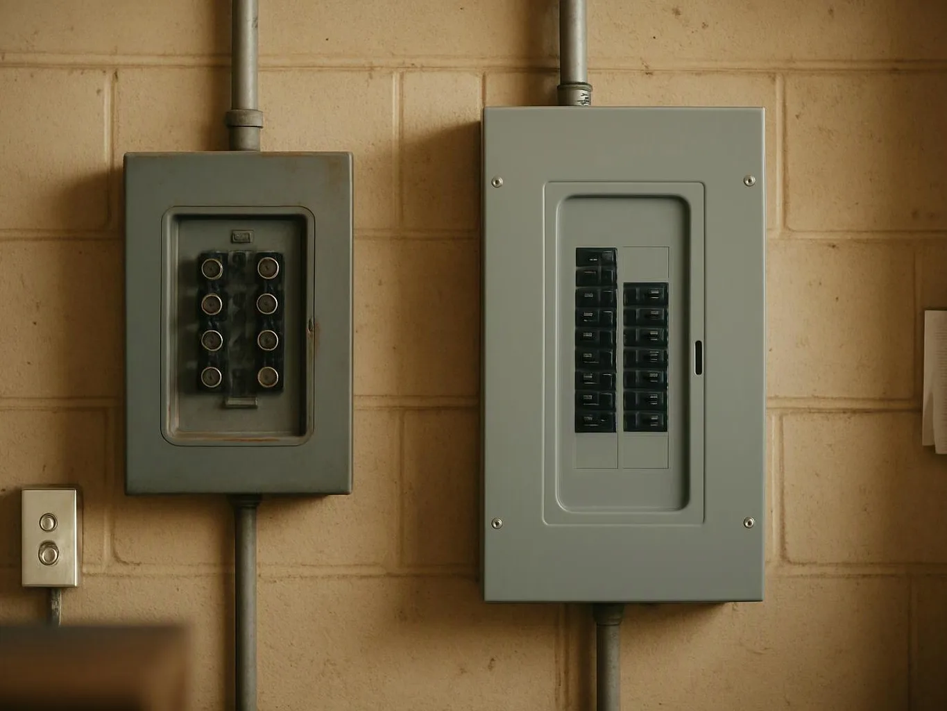 Two gray electrical breaker boxes hang on a tan cinderblock wall with metal conduit pipes entering them