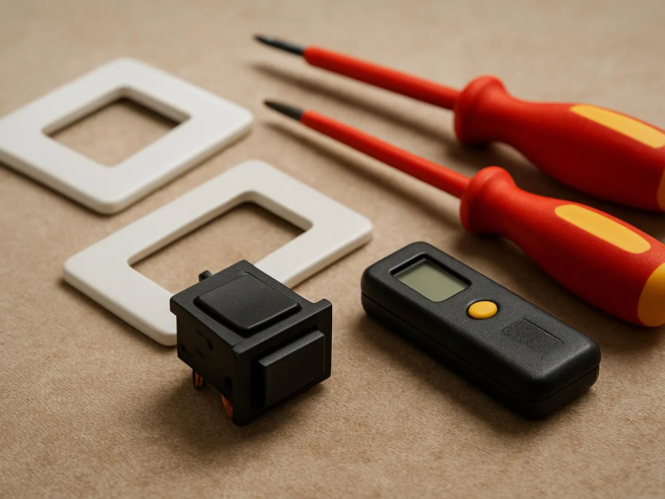 Two red screwdrivers sit beside white wall plates, a black switch, and a small black handheld tester on a beige surface