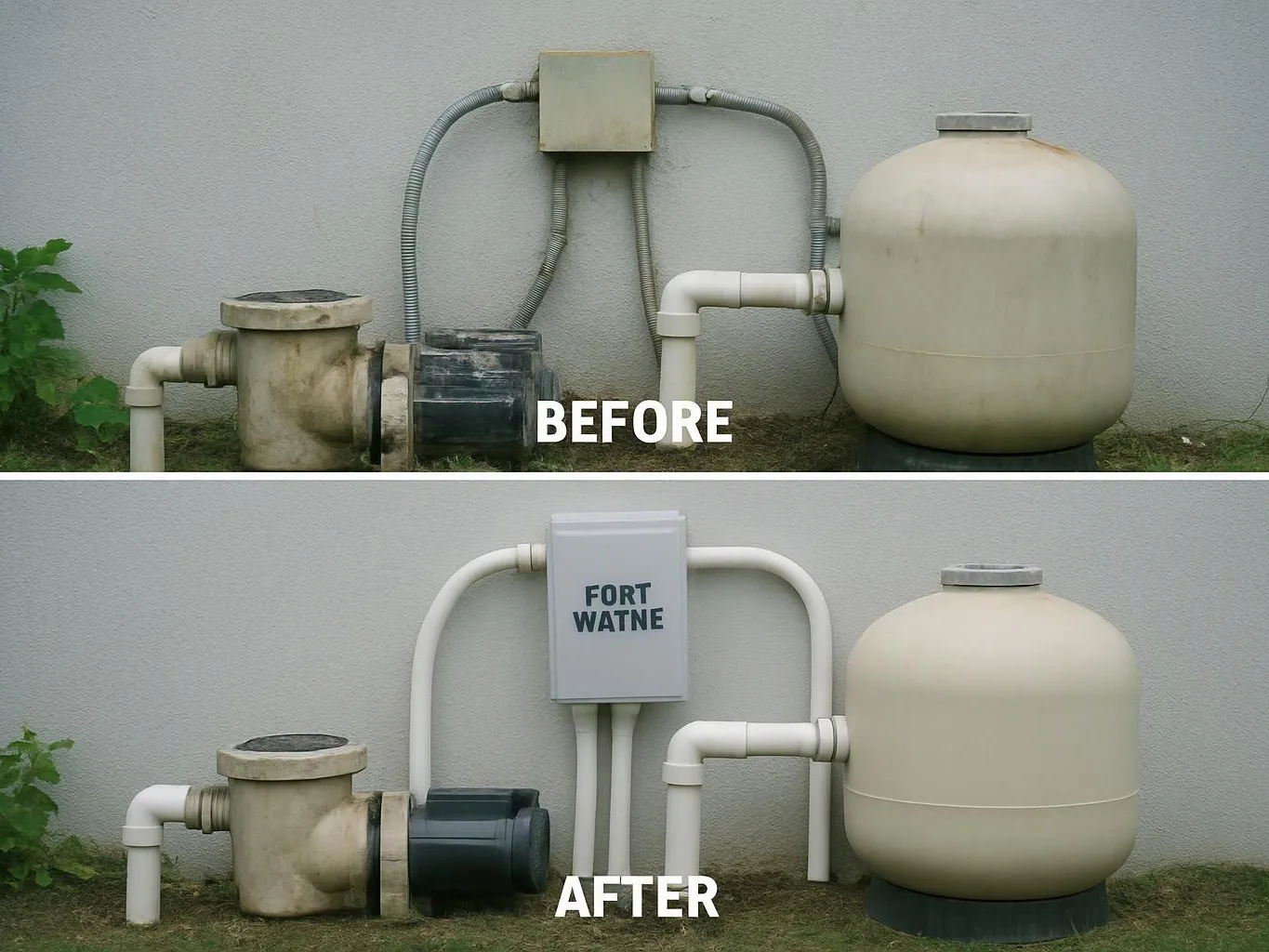 Two side-by-side pool equipment setups against a wall, labeled before and after