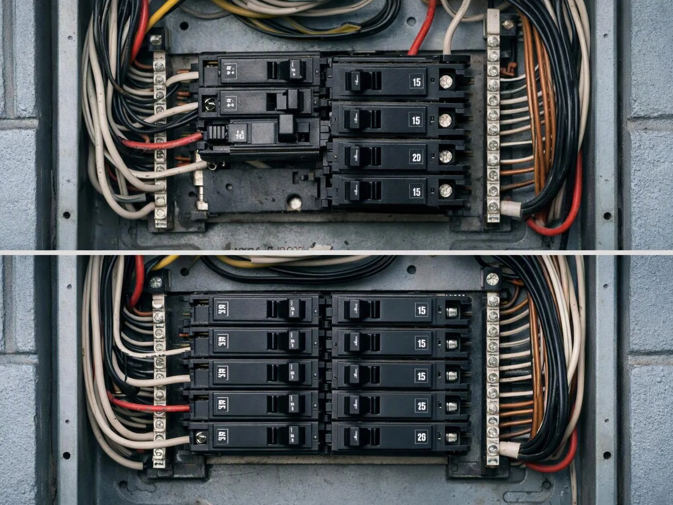 Two stacked electrical breaker panels show rows of black breakers and bundled wires inside a gray metal box
