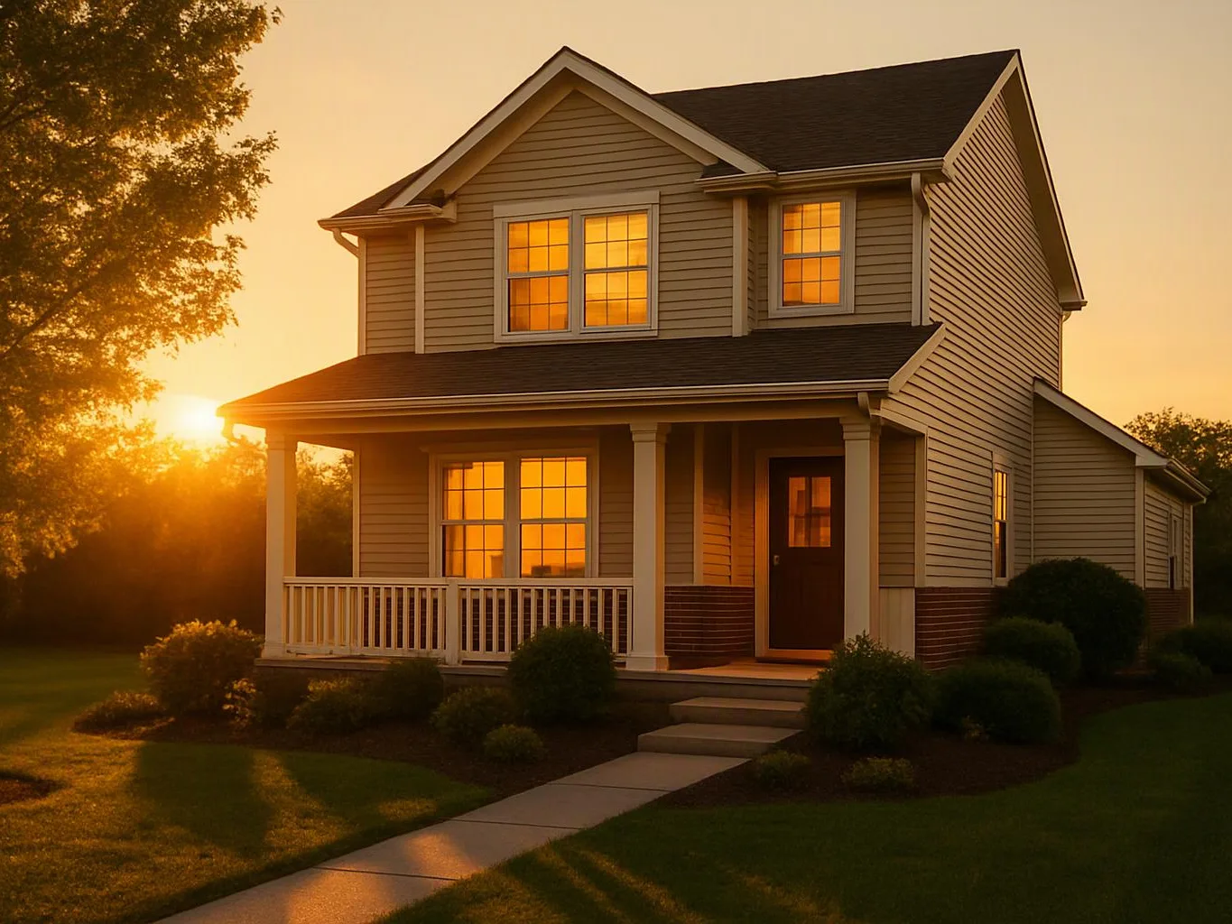 A two-story beige house glows at sunset, with lit windows, a front porch, and a walkway across the lawn